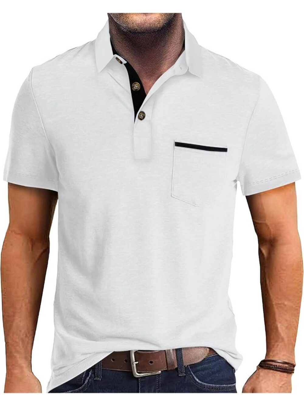 Men's White-1 Polo Shirts Cotton Classic Long Sleeve Thermal Button Pocket